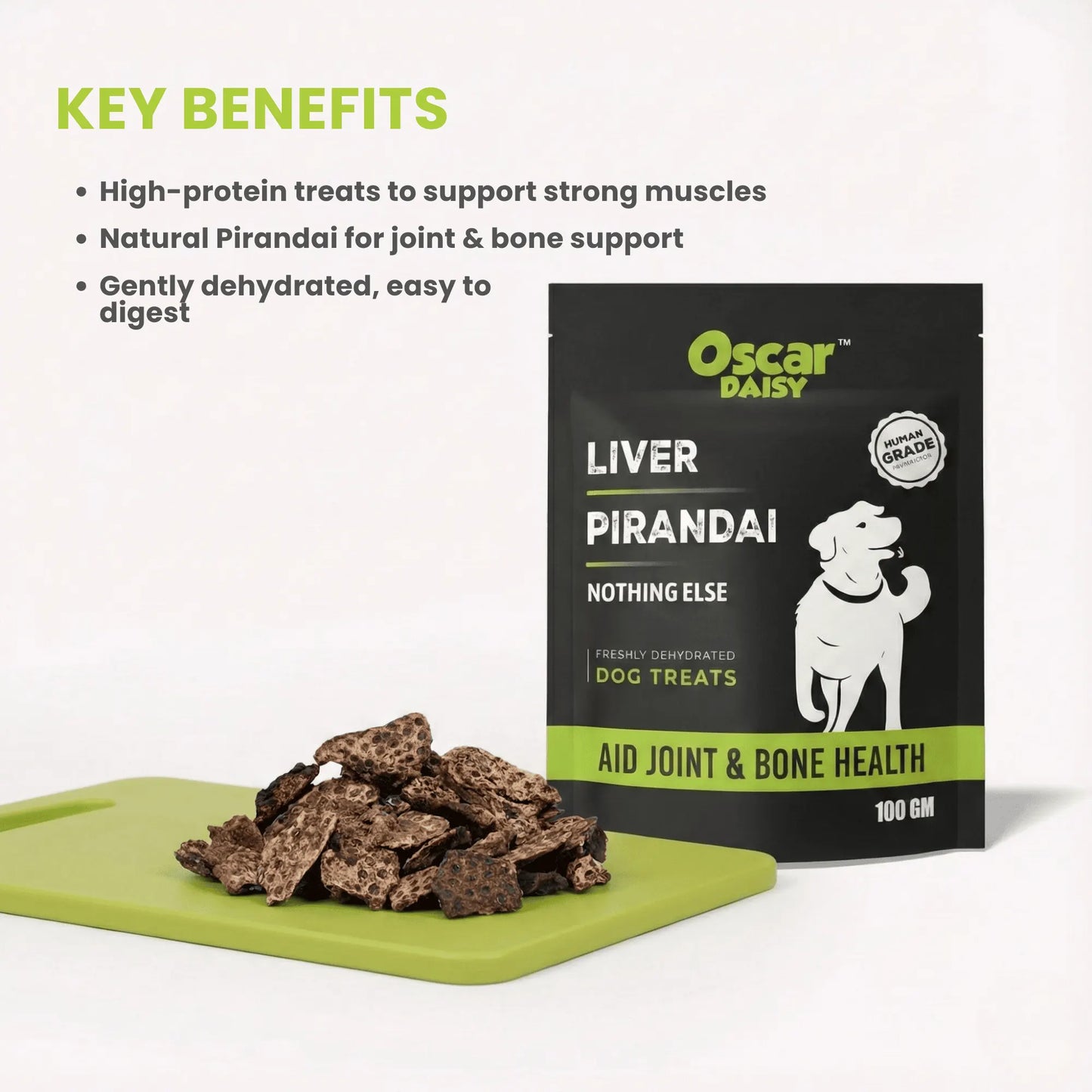 Oscar Daisy Liver Pirandai dog treats pouch on green board with treats in front, white background and text Key Benefits highlighting joint and bone support