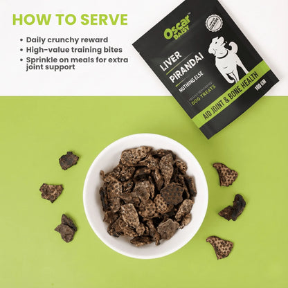 Top view of white bowl filled with Oscar Daisy Liver Pirandai treats on green background with pouch above and text How to Serve