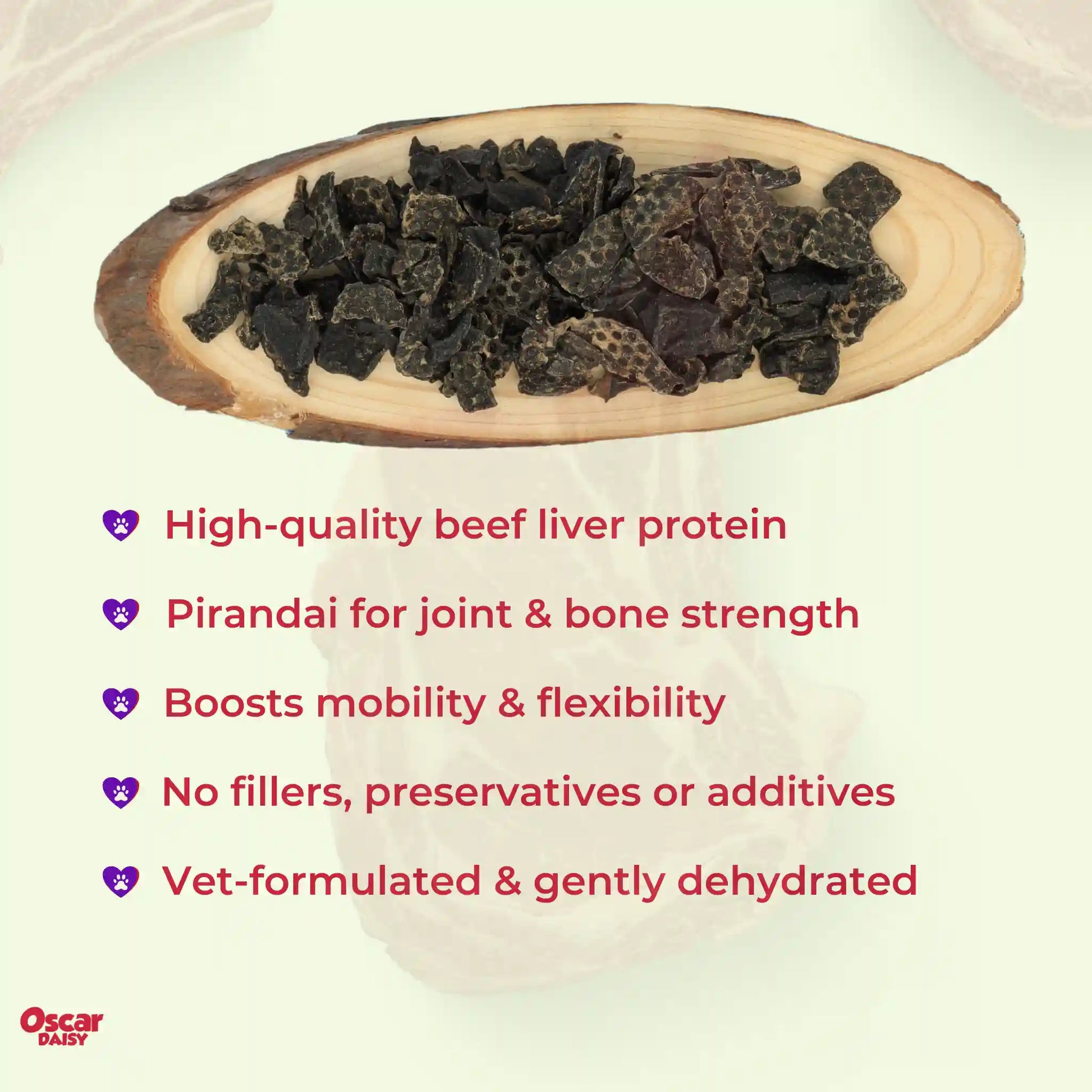 Dried beef liver dog treats on a wooden board with health benefits text on a white background