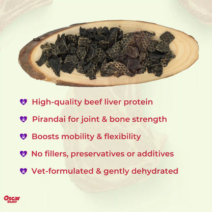 Dried beef liver dog treats on a wooden board with health benefits text on a white background