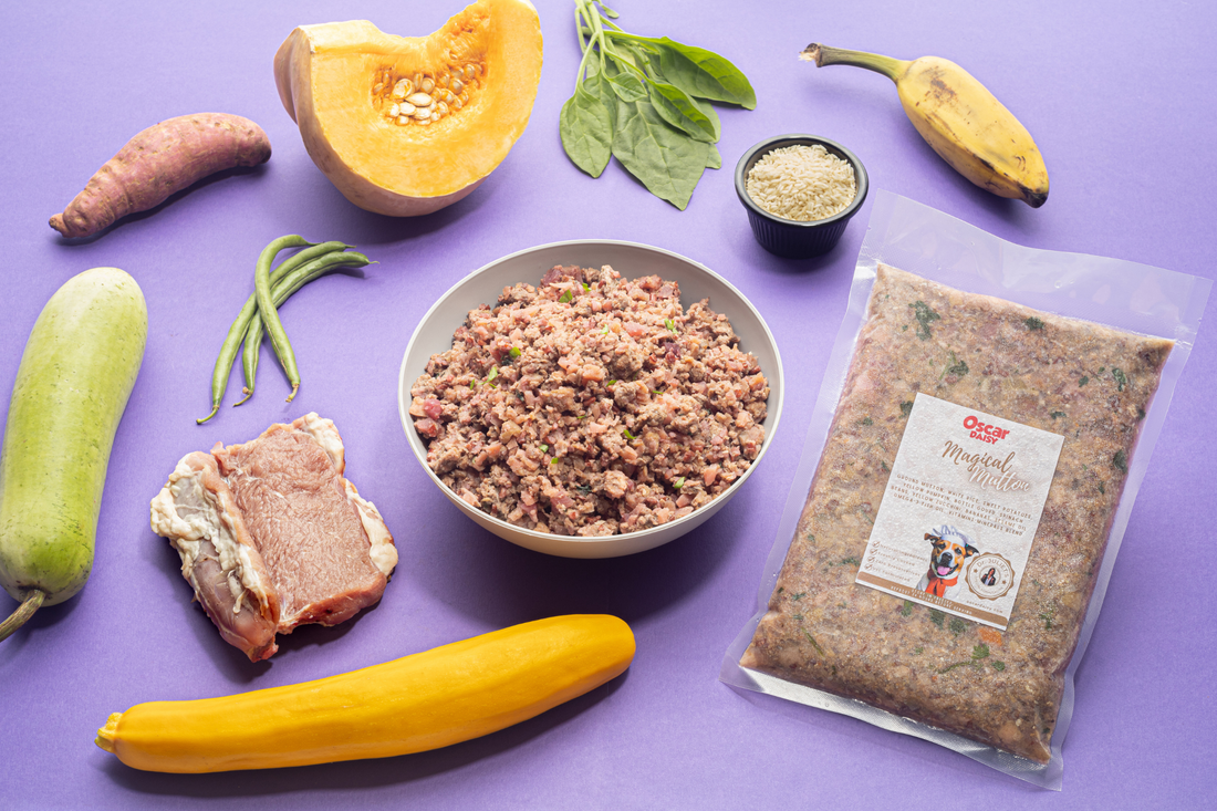 Oscar Daisy dog food mutton recipe with vegetables and a package on a purple background