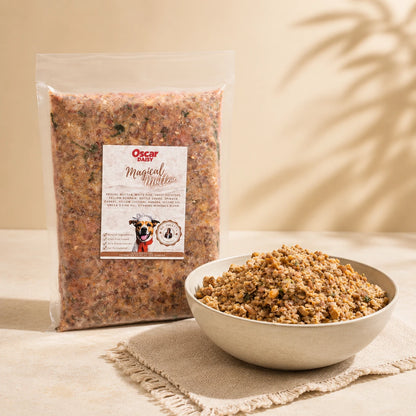 Oscar Daisy Fresh Dog Food, Mutton Meals on a beige surface.