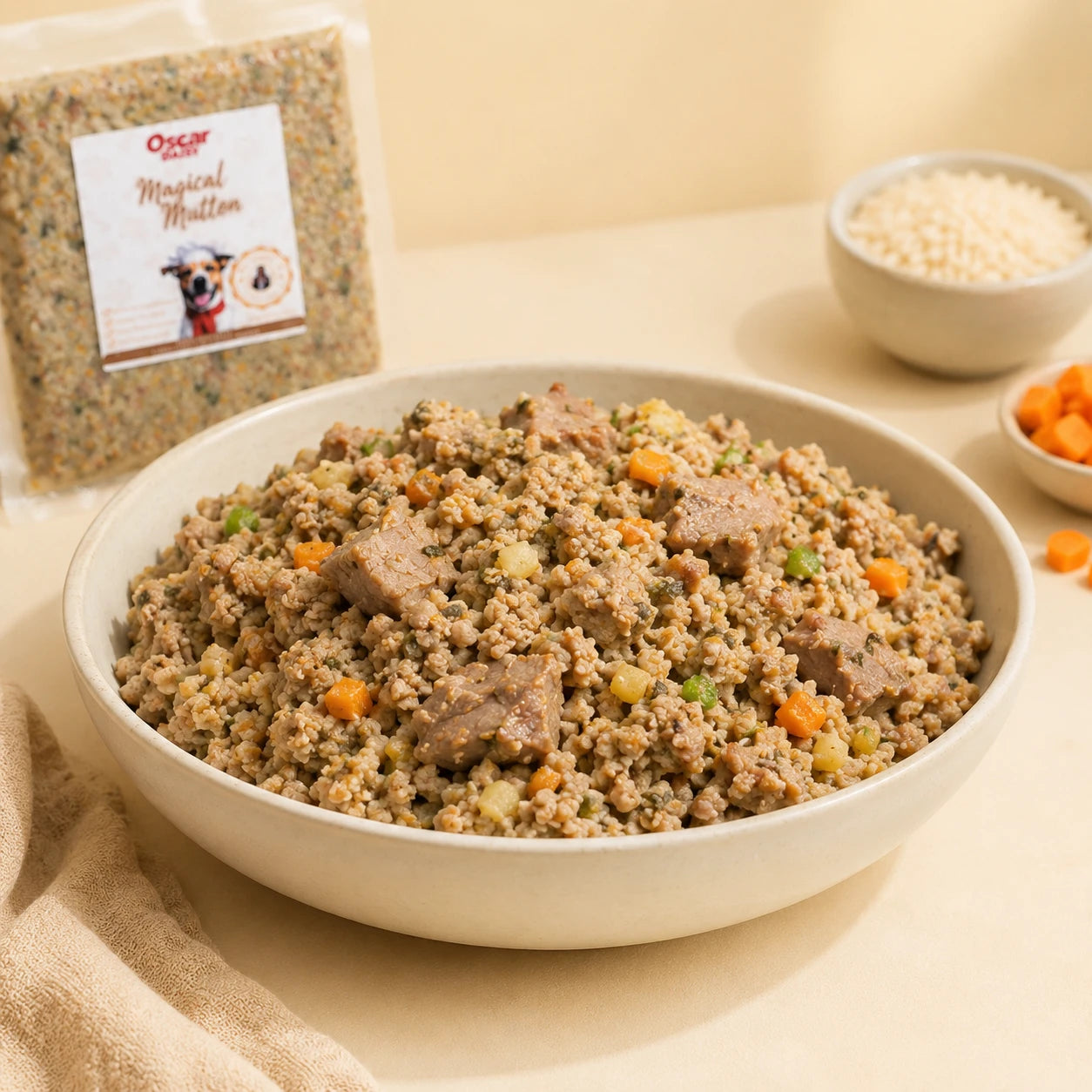Oscar Daisy Dog food bowl with ingredients on a pink background