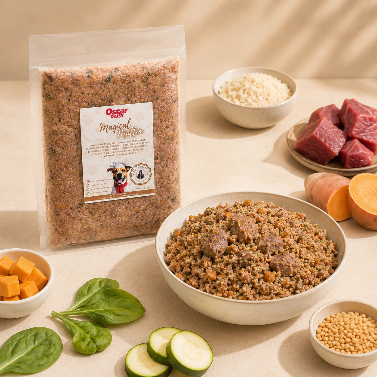 Dog food package with ingredients on a table
