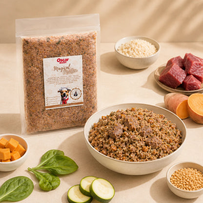 Dog food package with ingredients on a table
