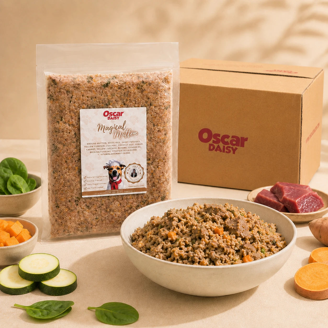 Oscar Daisy pet food package, bowl of fresh pet food, and ingredients on a table.