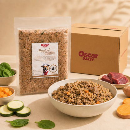 Oscar Daisy pet food package, bowl of fresh pet food, and ingredients on a table.