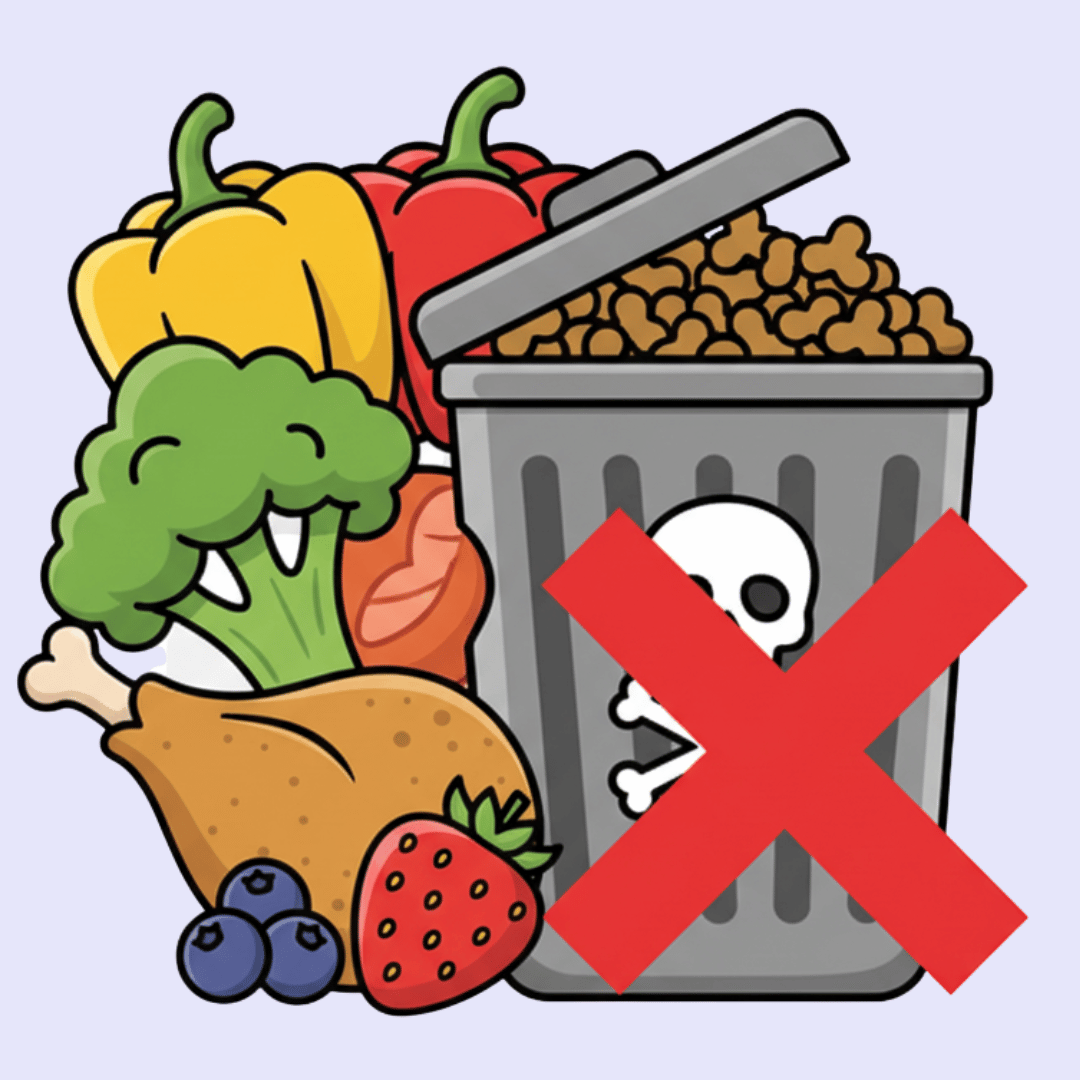 Illustration of a trash can with food waste and a red cross over it, surrounded by vegetables and fruits.