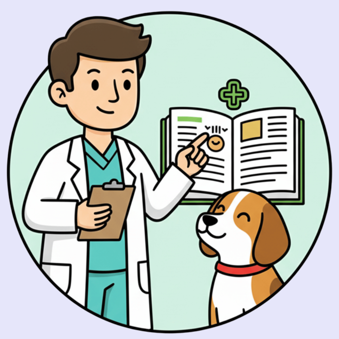 Illustration of a veterinarian with a dog and a book, on a light purple background