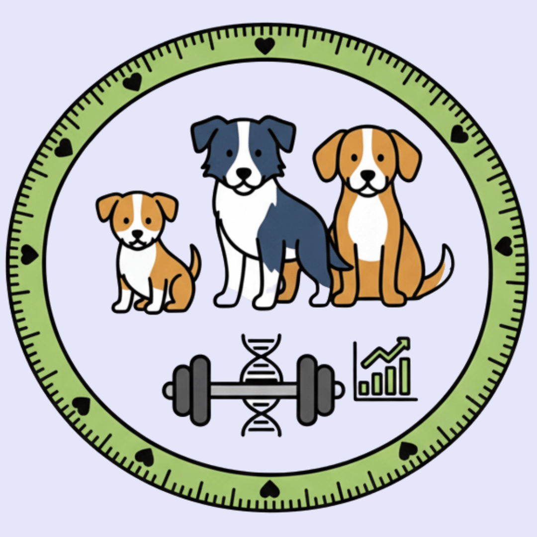 Circular design with three dogs, a barbell, DNA symbol, and chart on a light purple background.