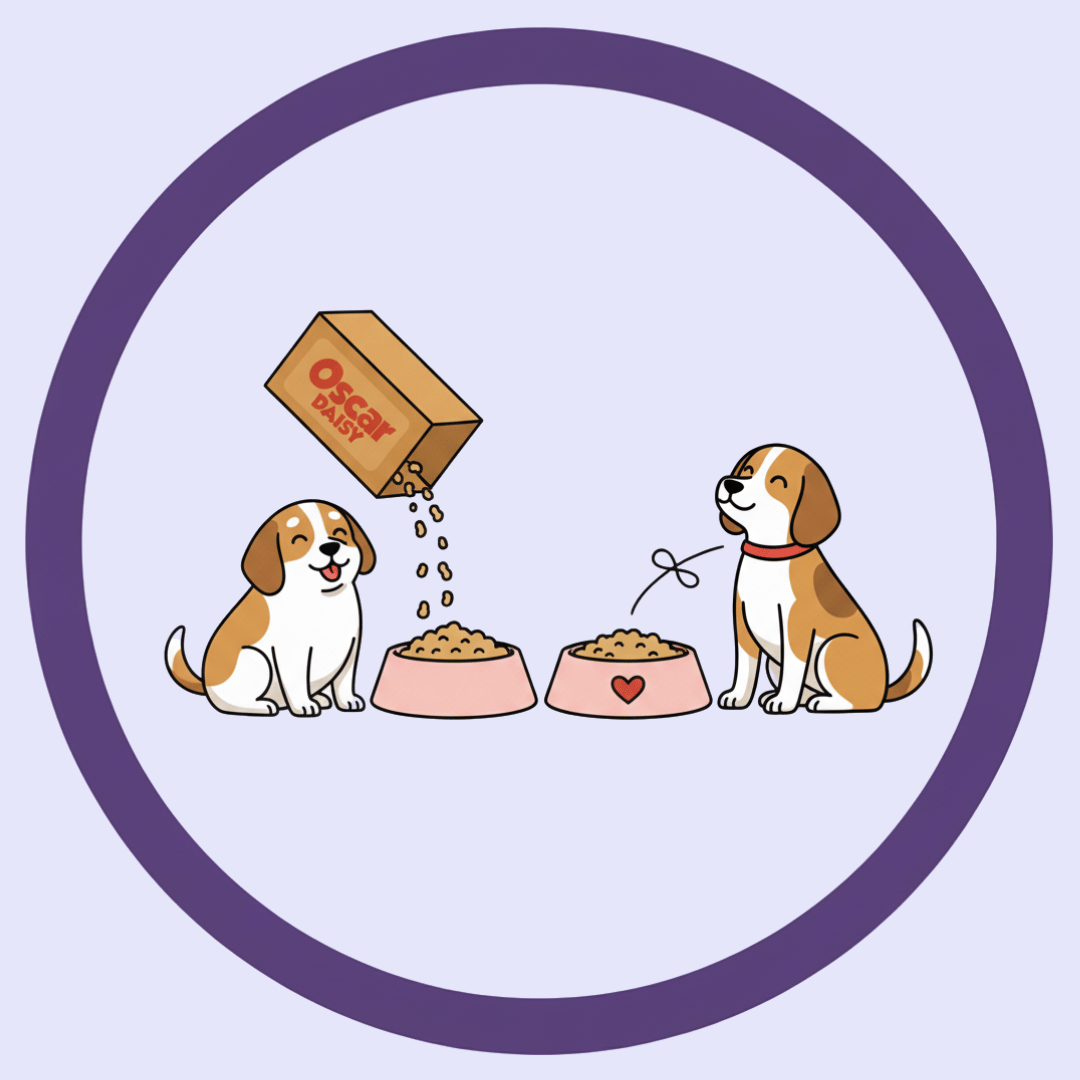 Illustration of two dogs with bowls of food and a box labeled 'Oscar Daisy' on a light purple background.