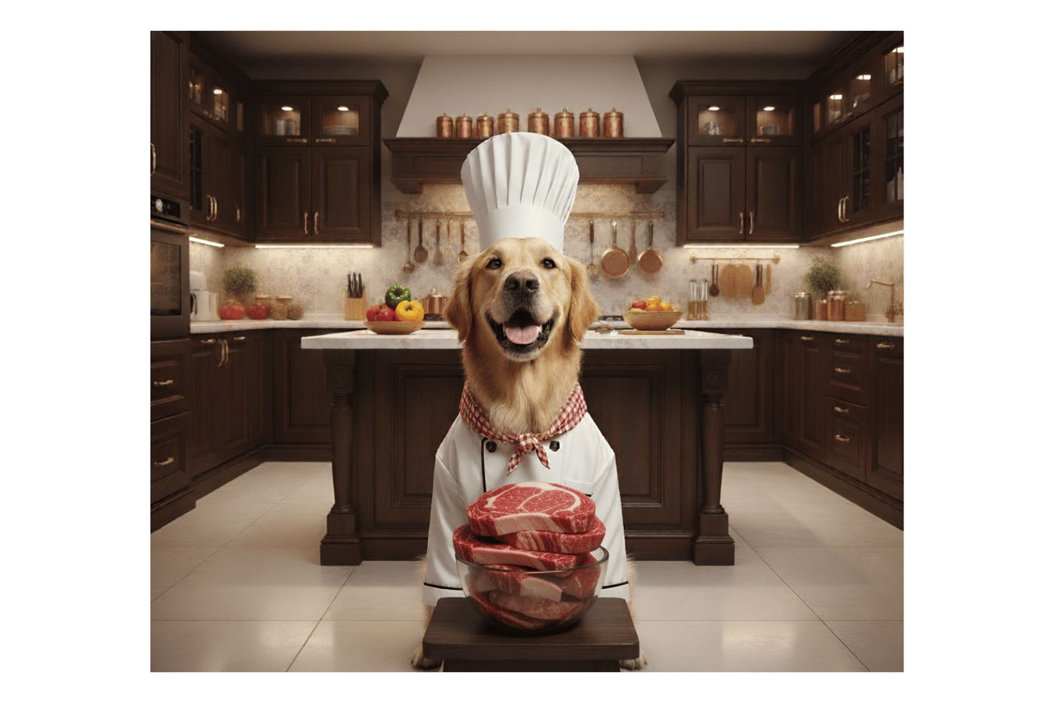 Dog in a chef's outfit with a bowl of beef in a kitchen