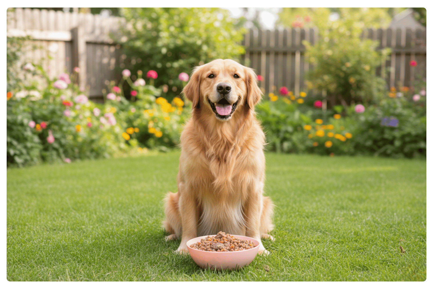 Golden retriever sitting on grass with a bowl of Oscar Daisy dog food in front of a garden.