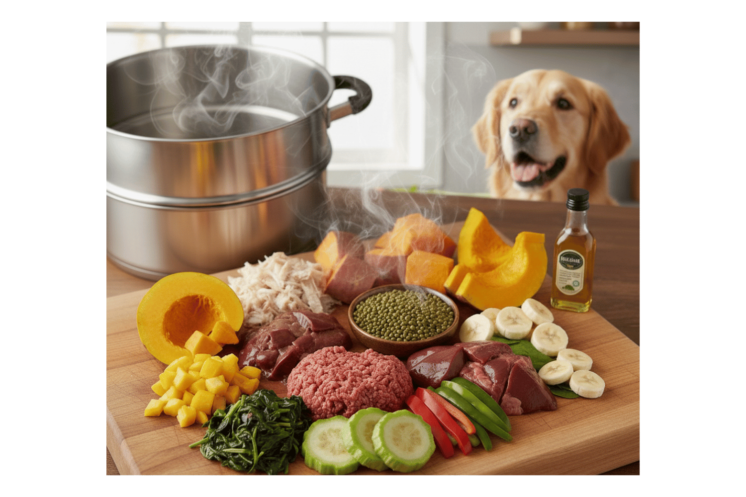 Oscar Daisy dog food ingredients on a wooden board with a steaming pot and a dog in the background.