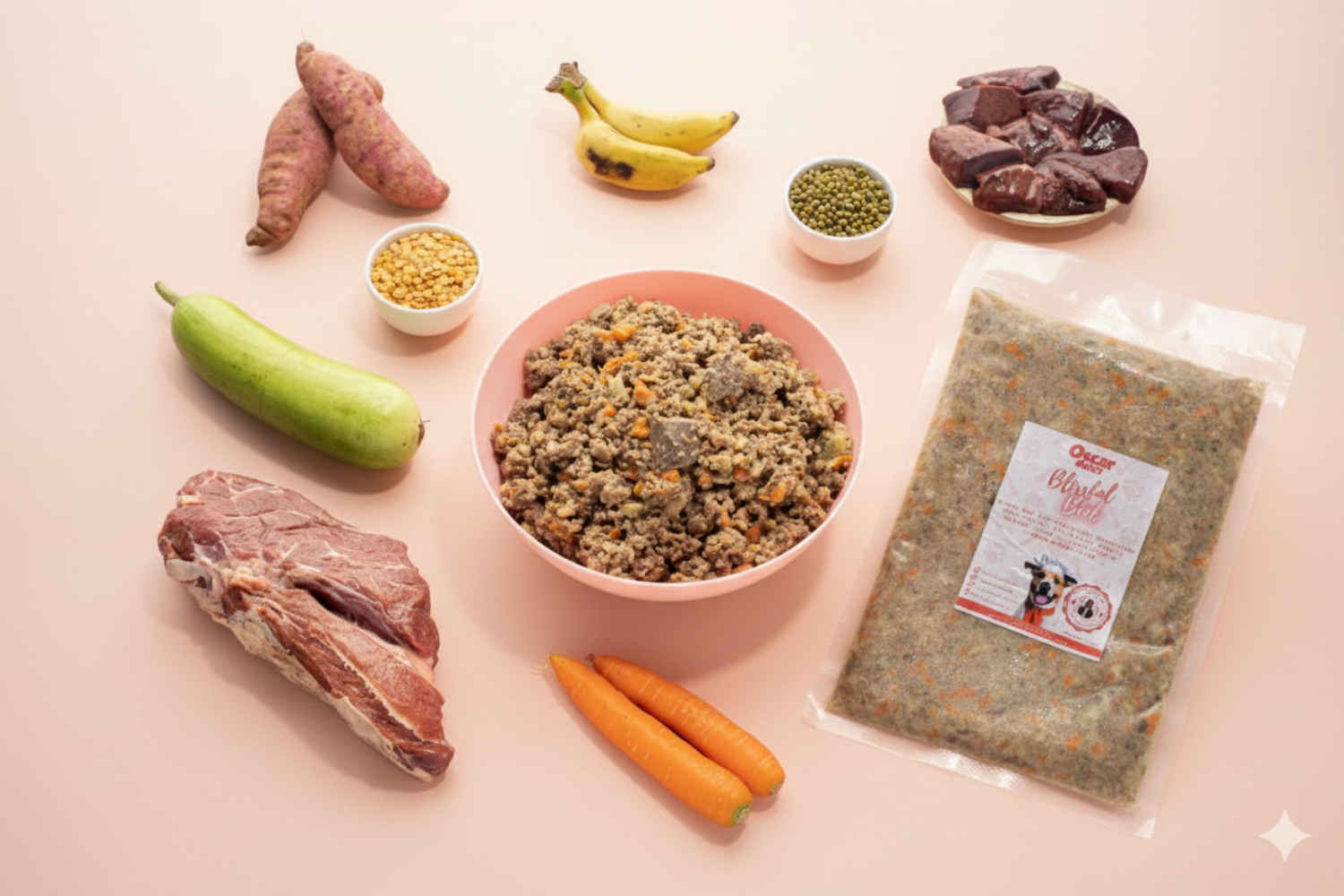 Oscar Daisy dog food bowl with ingredients and a package on a light pink background