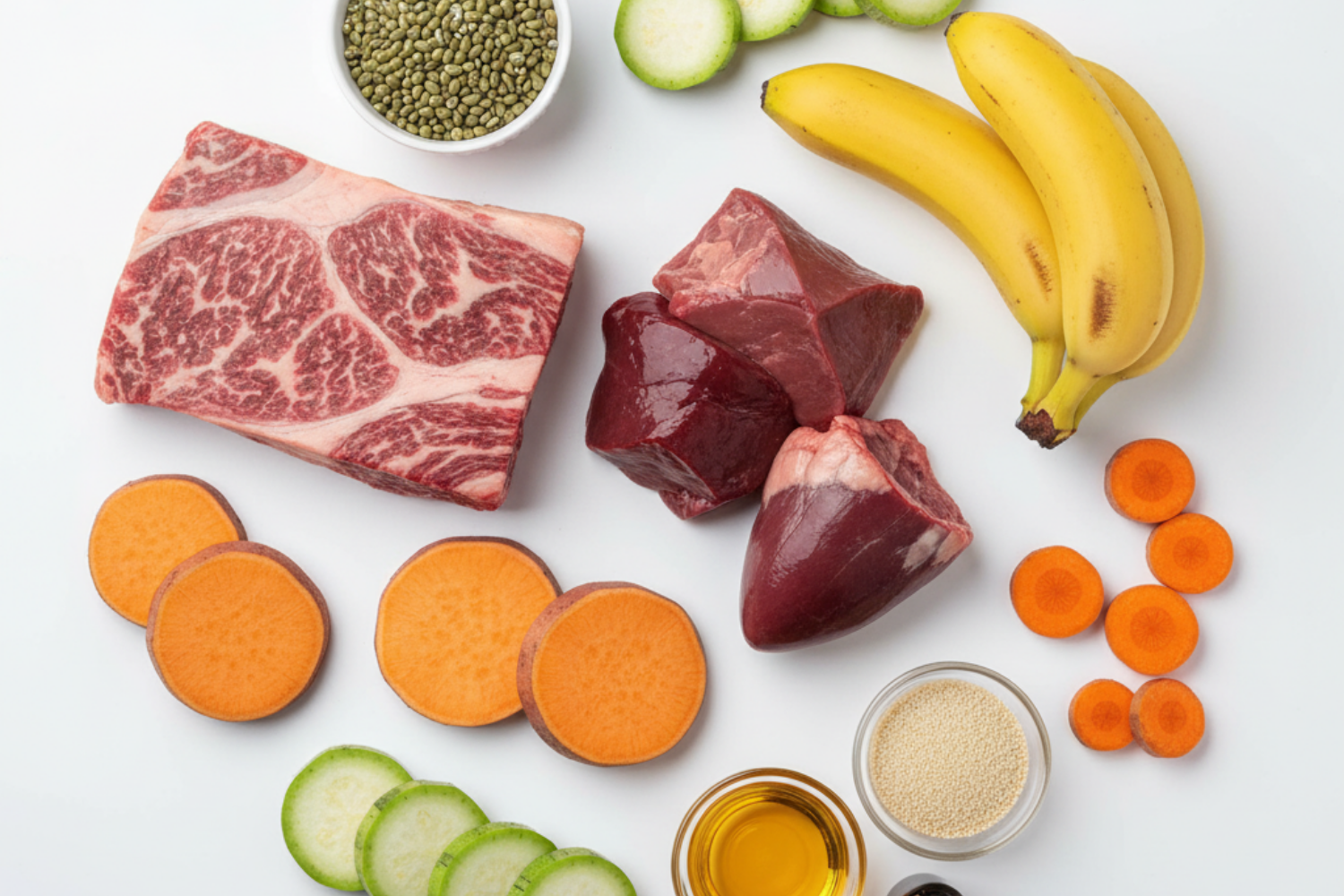 Assorted ingredients of raw meats, vegetables, and grains for Oscar Daisy dog food on a white background