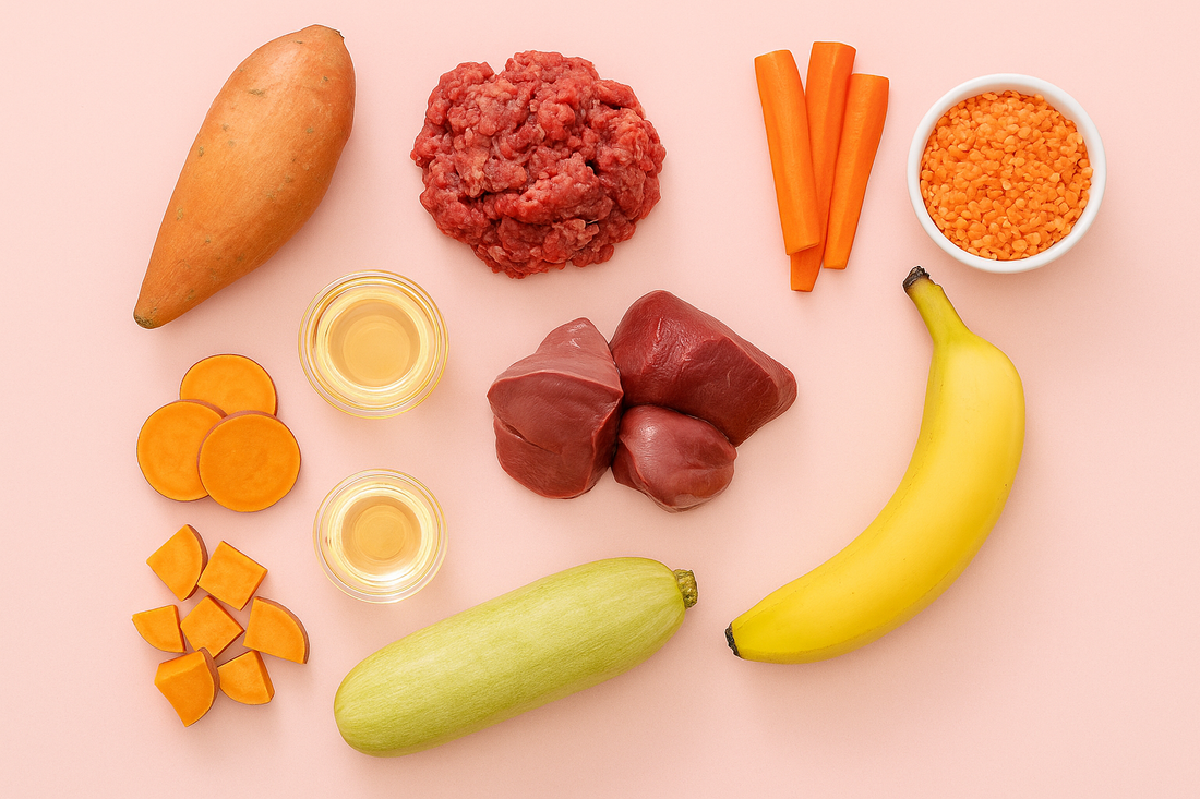 Assorted Oscar Daisy dog food ingredients including a sweet potato, ground meat, carrots, lentils, a banana, and vegetables on a pink background.