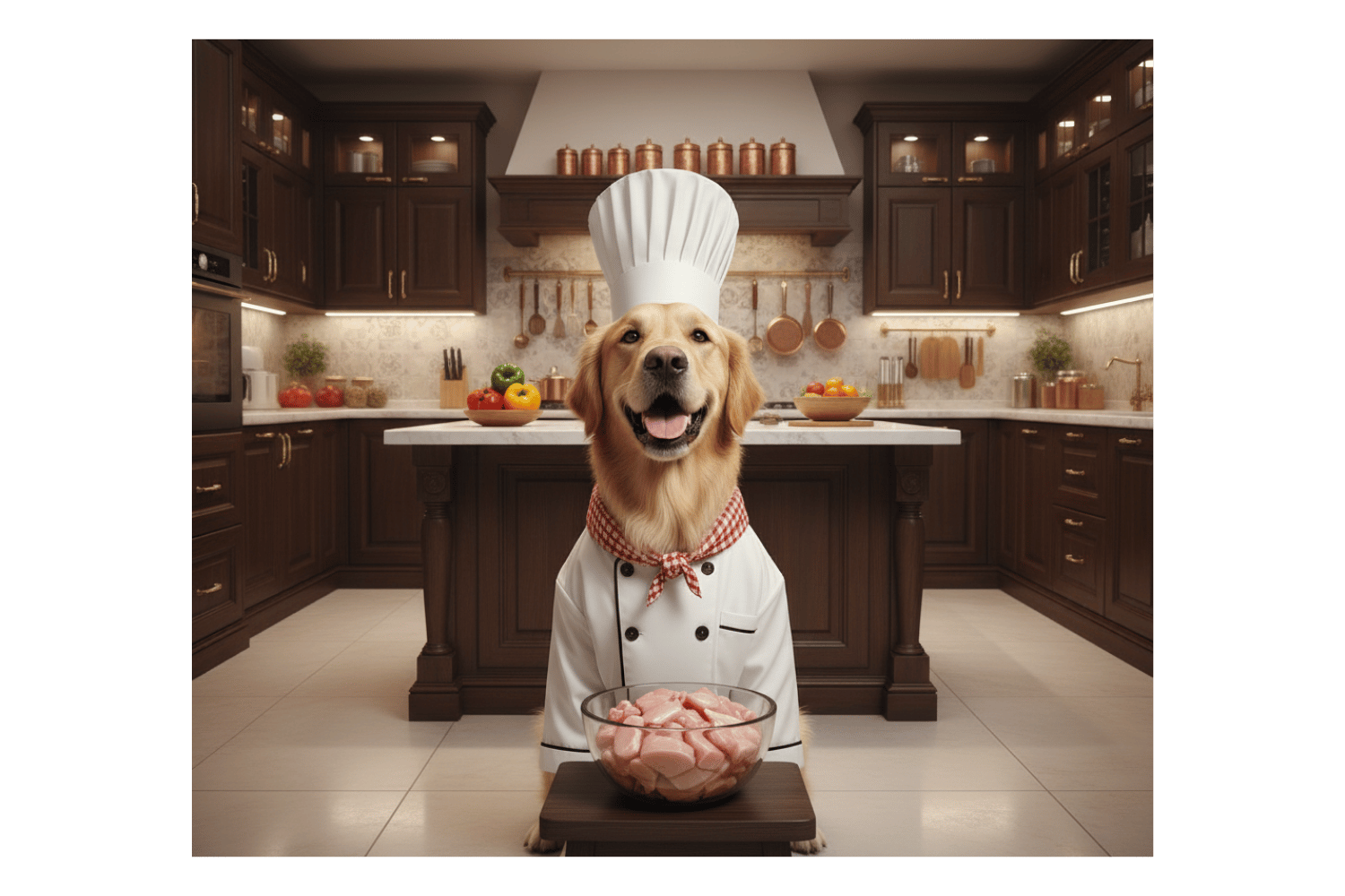 Dog in a chef's outfit standing in a kitchen with a bowl of chicken