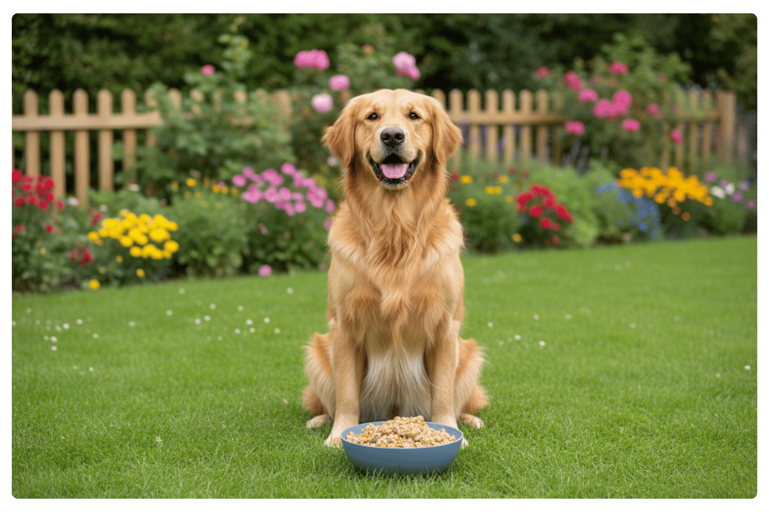 Dog sitting on grass with a bowl of Oscar Daisy dog food in front of a garden.