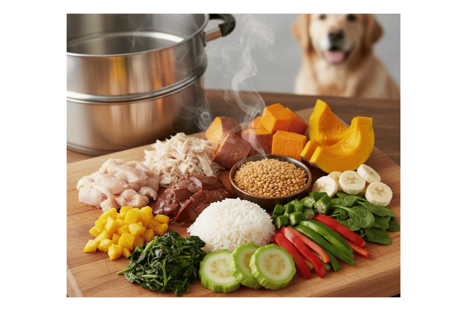 Oscar Daisy dog food ingredients, including vegetables and a pot, with a dog in the background.