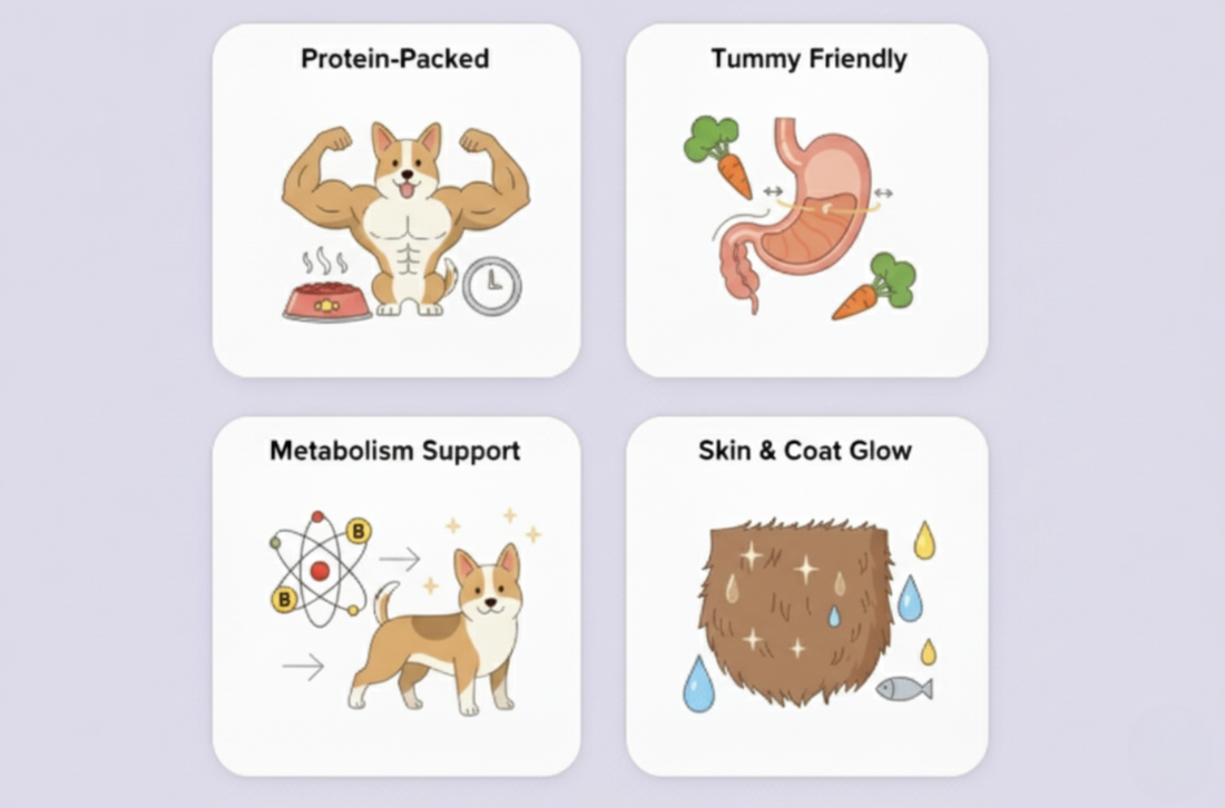 Four cards highlighting benefits of a pet food product on a light purple background