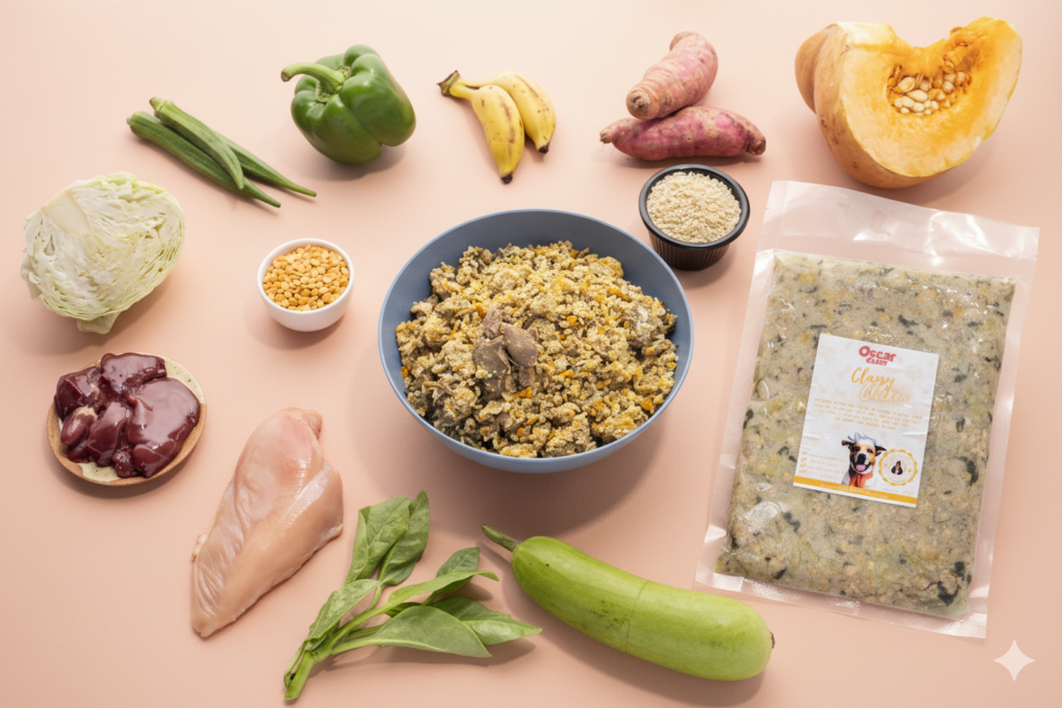 Assorted ingredients for Oscar Daisy dog food including a bowl of food, vegetables, and a package on a pink background