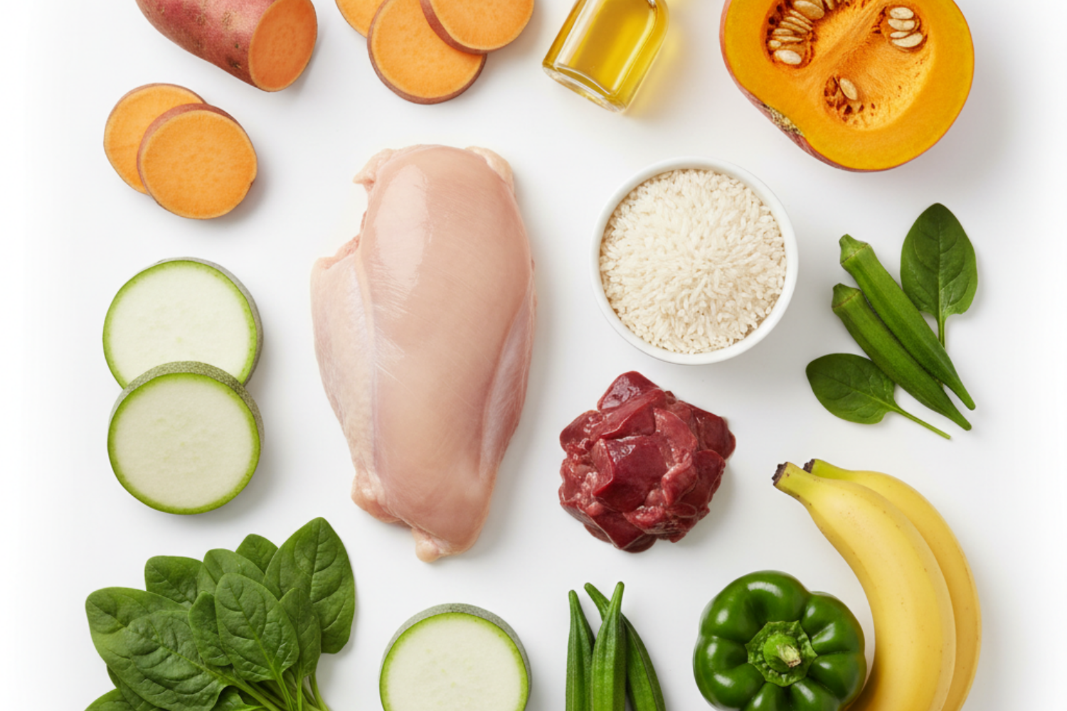 Assorted food items for Oscar Daisy dog food including chicken, beef, rice, vegetables, and fruits on a white background