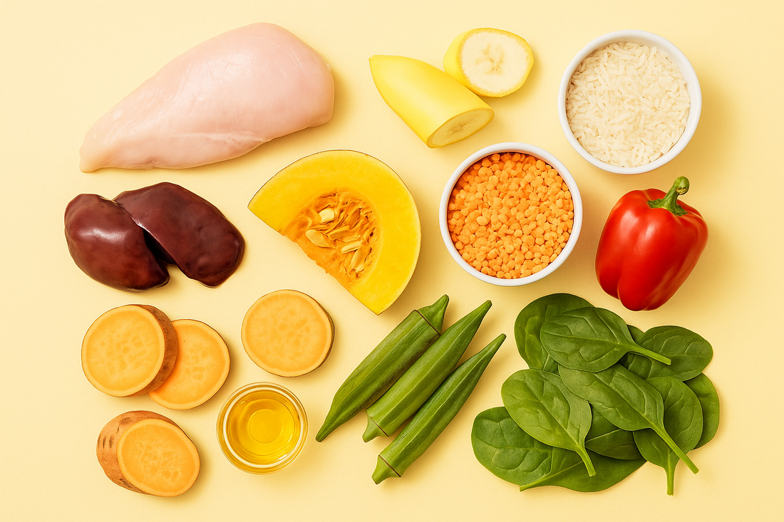 Assorted Oscar Daisy dog food ingredients including chicken, vegetables, and grains on a yellow background