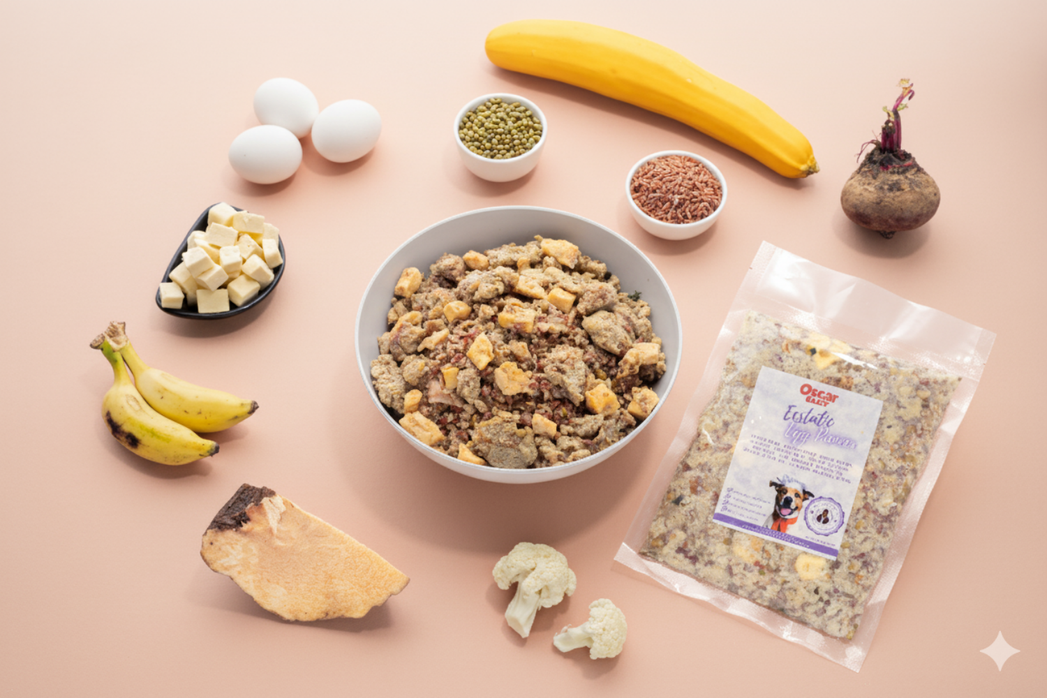 Oscar Daisy dog food ingredients and a package on a beige background