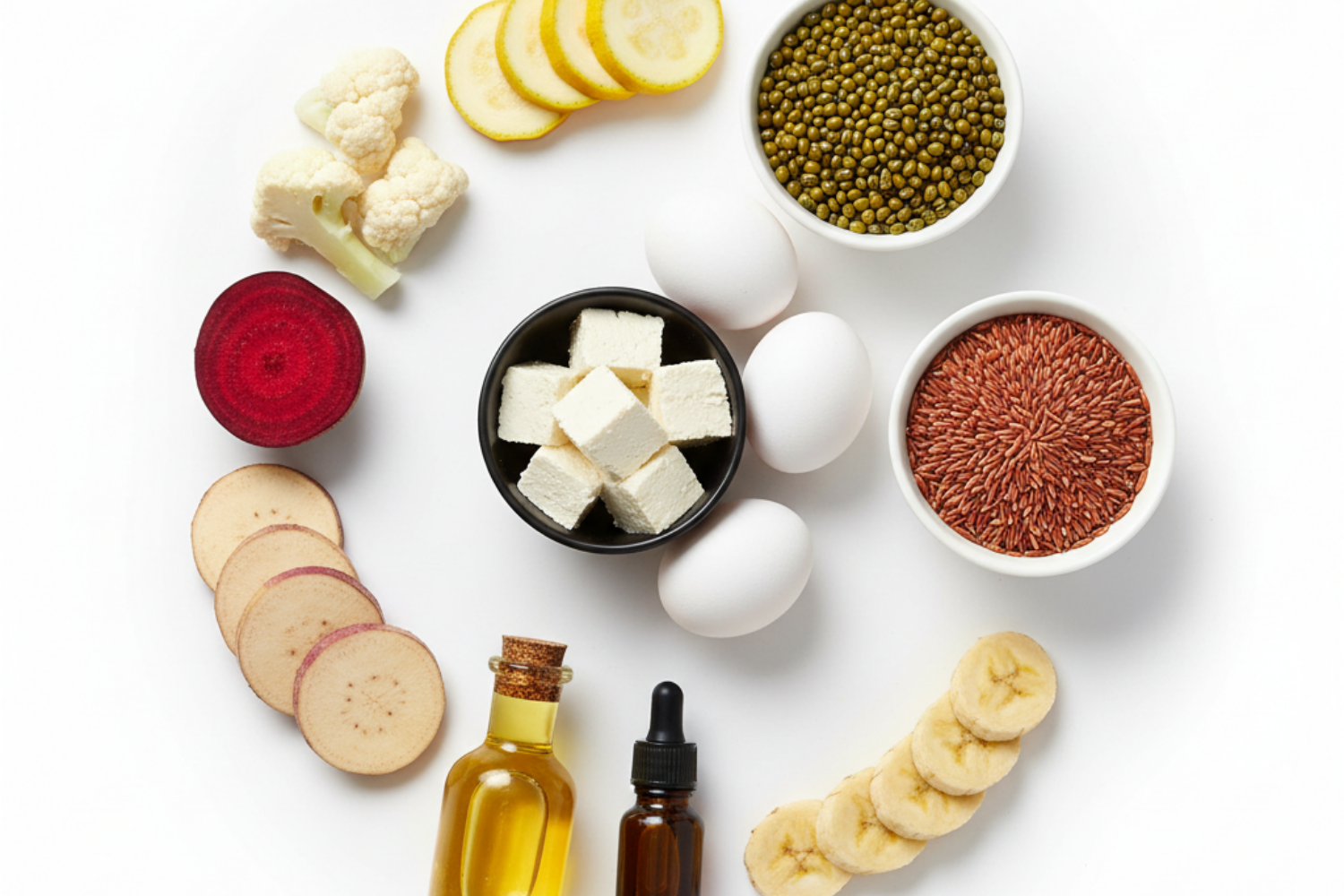 Assorted health ingredients for Oscar Daisy dog food including fruits, vegetables, and grains on a white background