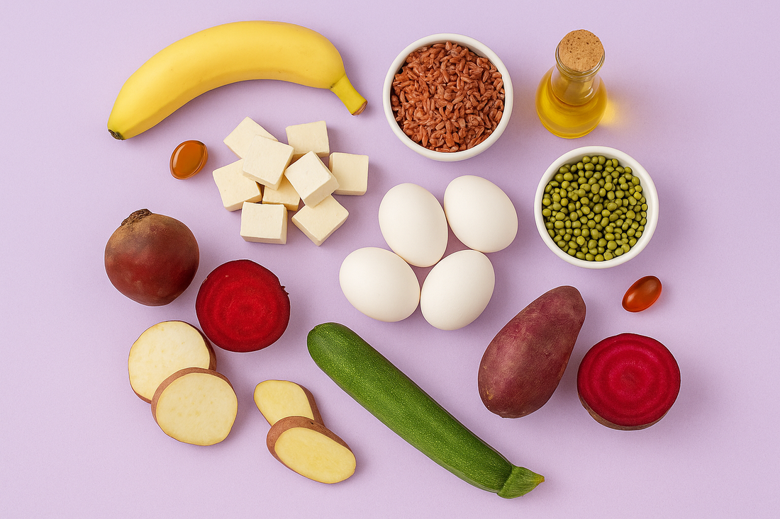 Assorted ingredients for Oscar Daisy dog food including fruits, vegetables, and grains on a light purple background