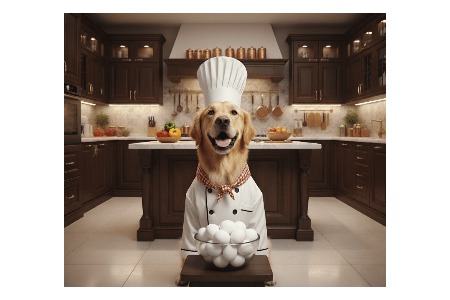 Dog in a chef's outfit sitting in a kitchen with a bowl of eggs.