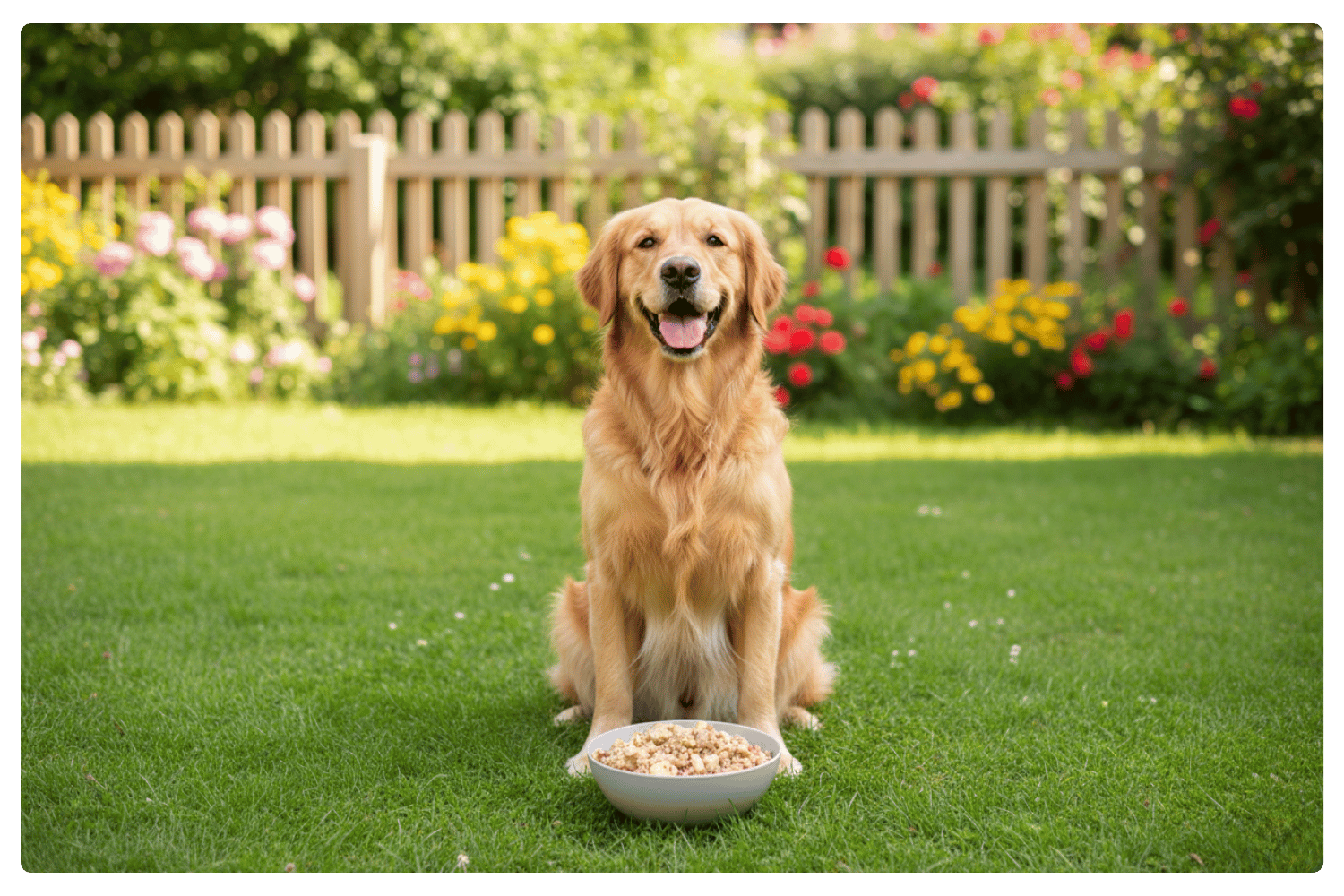 Dog sitting on grass with a bowl of Oscar Daisy dog food in front of a garden.