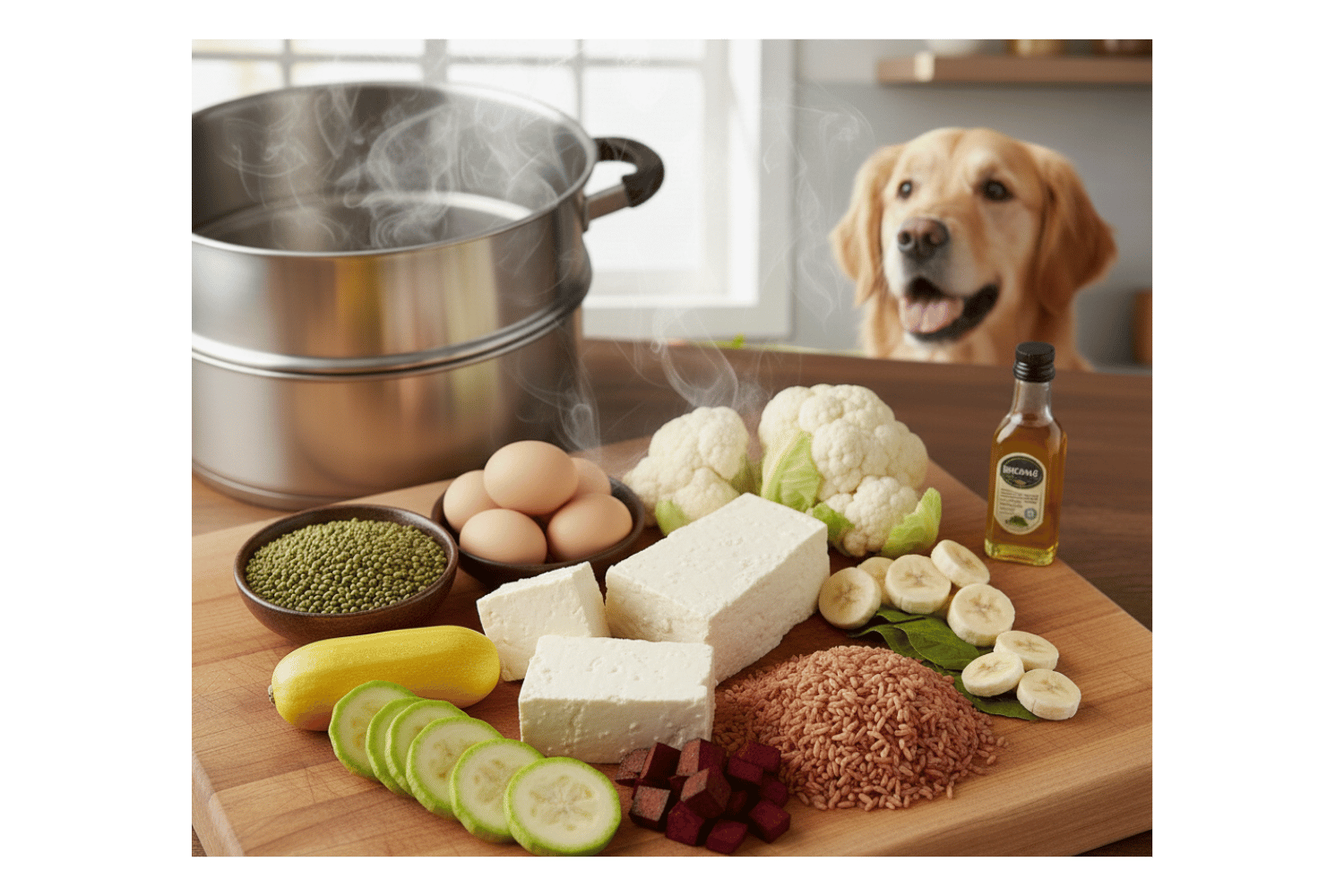 Oscar Daisy dog food ingredients and a pot of boiling water, with a dog in the background.