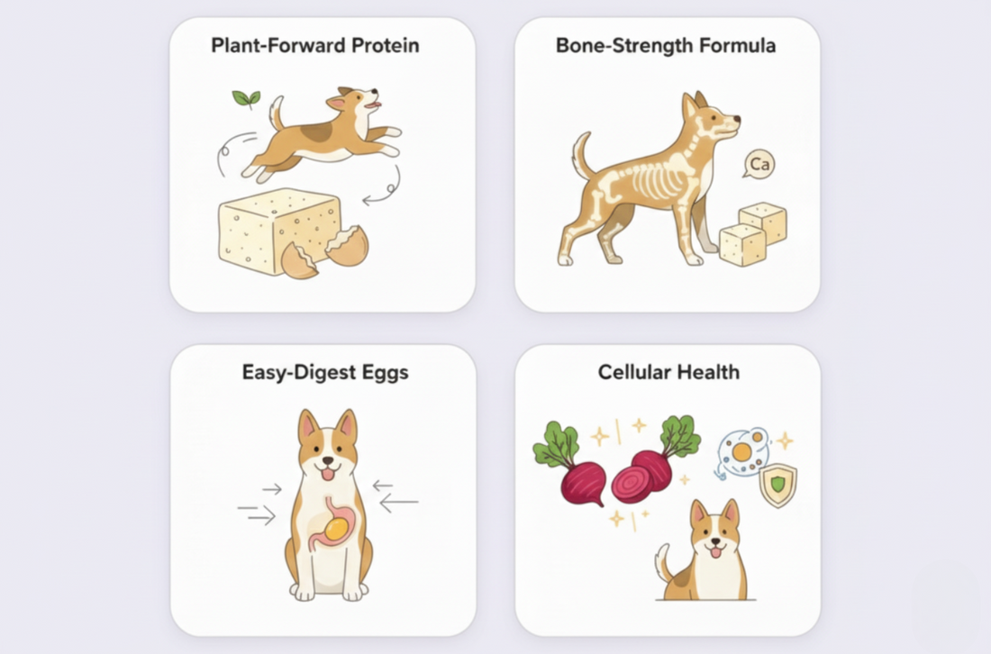 Four cards showcasing different dog food benefits with illustrations and text.