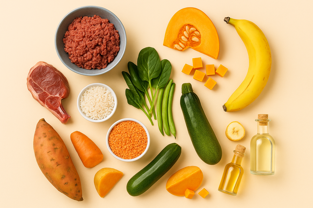 Assorted ingredients for Oscar Daisy dog food including meat, vegetables, and grains on a beige background
