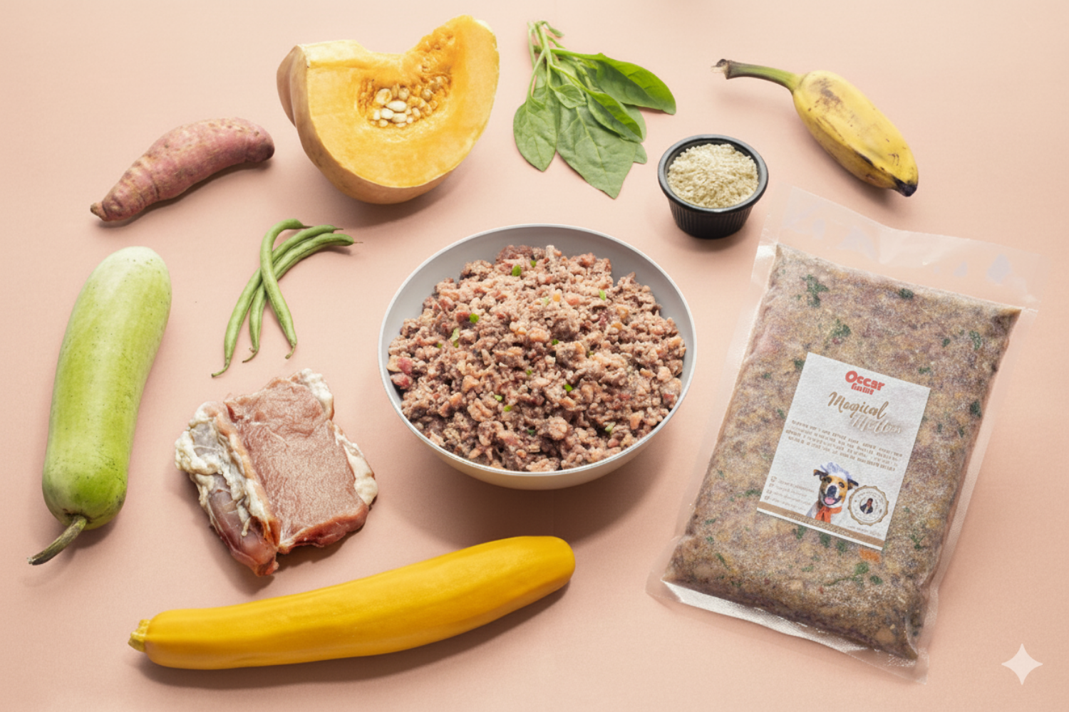 Fresh ingredients including a bowl of dog food, package of Oscar Daisy, and various vegetables on a beige background.