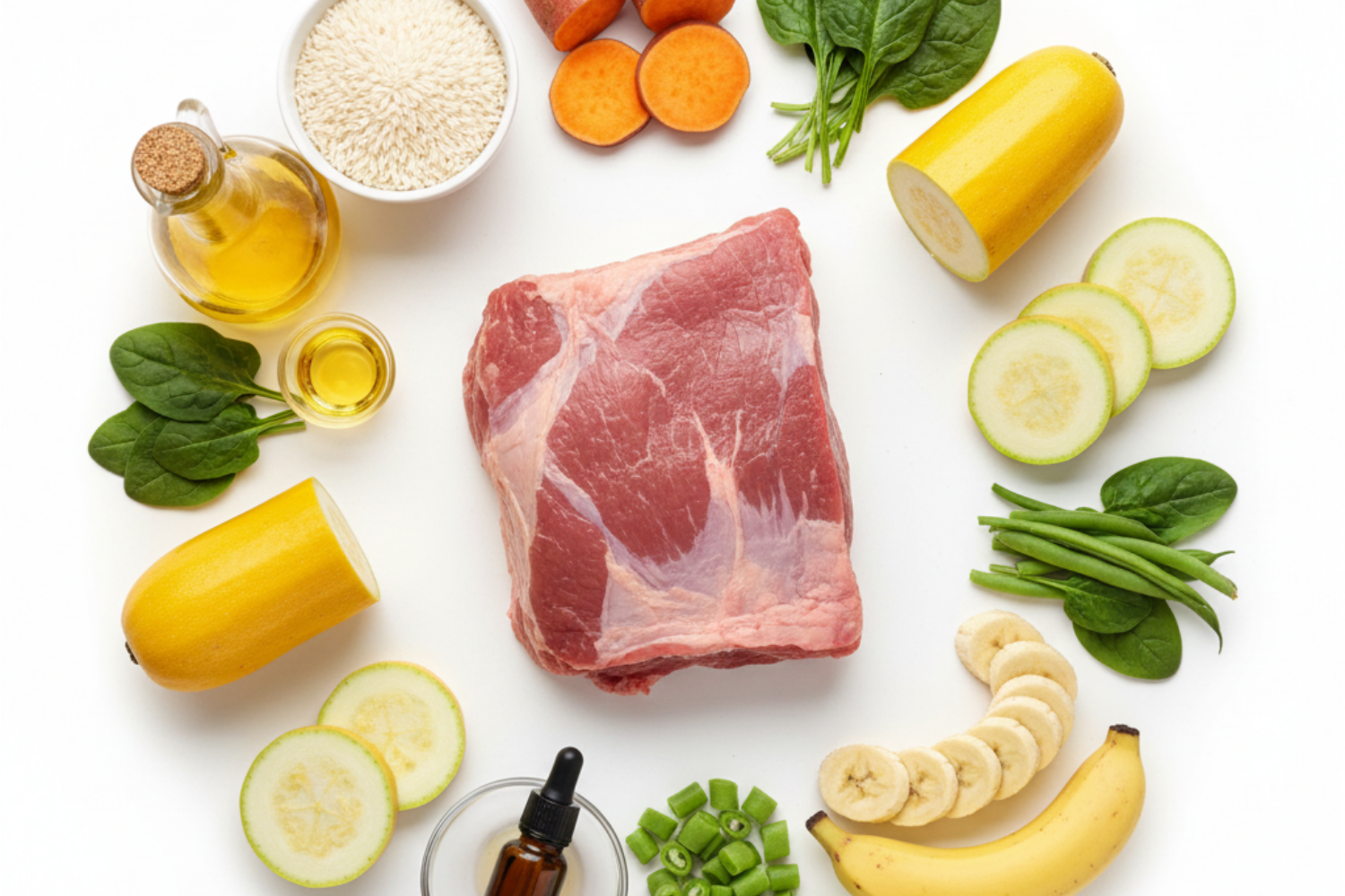Raw meat with vegetables and fruits on a white background