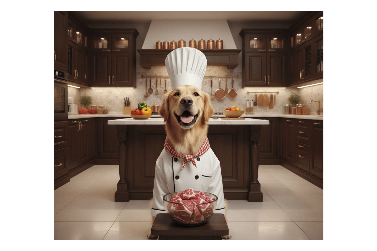 Dog in a chef's outfit with a bowl of mutton chunks in a kitchen
