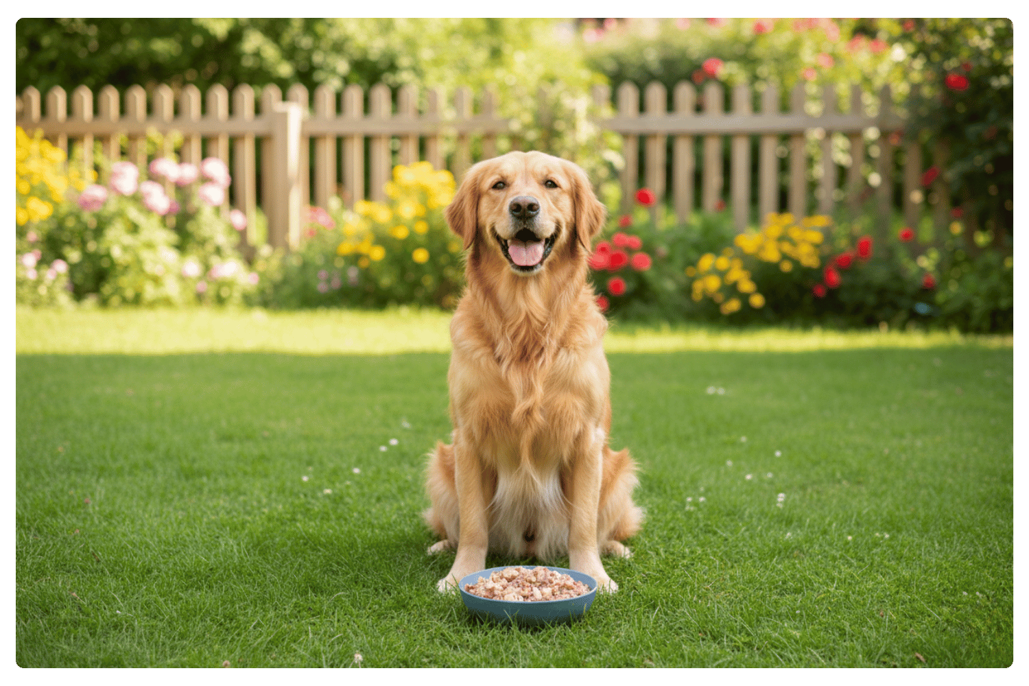 Dog sitting on grass with a bowl of Oscar Daisy dog food in front of a garden.