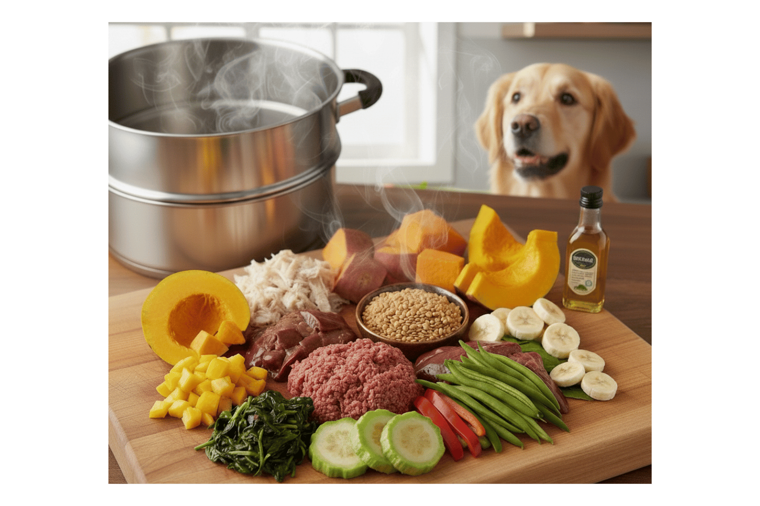 Oscar Daisy dog food ingredients for dog food preparation, including a pot of boiling water, vegetables, and a bottle of oil.