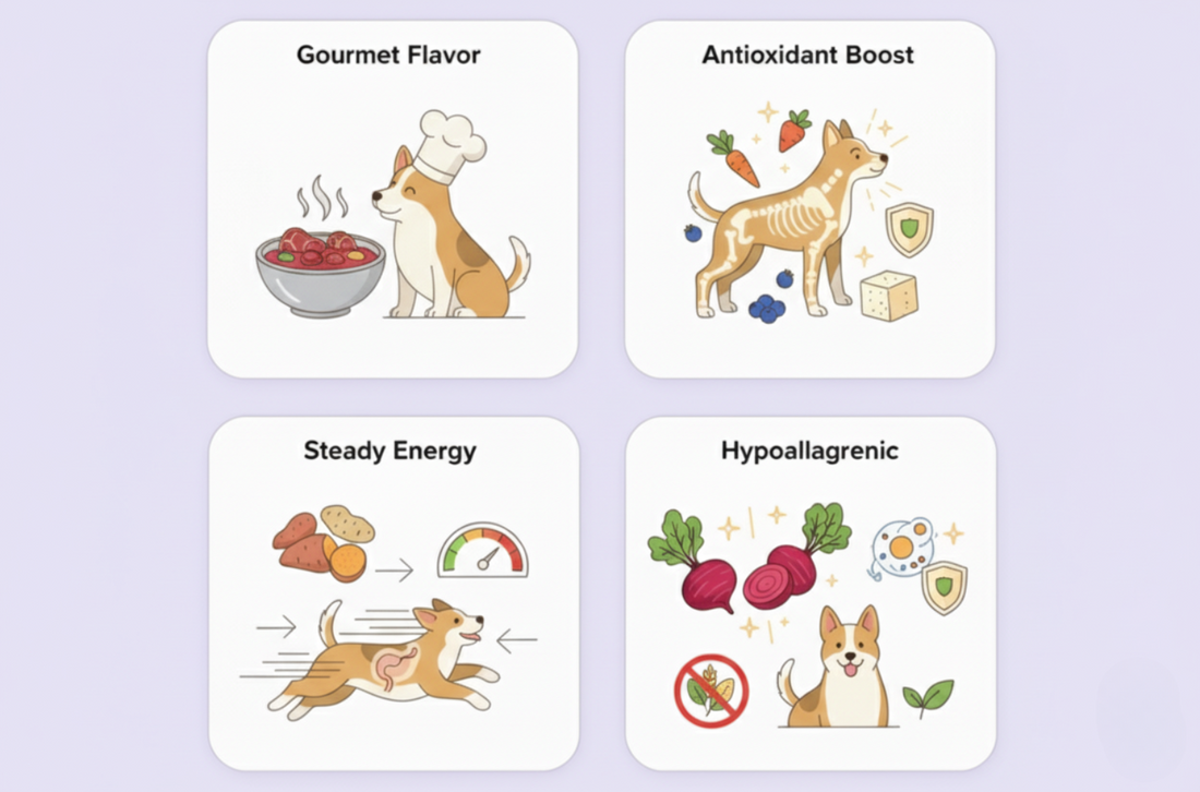 Four cards describing different dog food benefits with illustrations of dogs and food items on a light purple background.